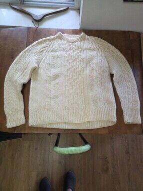Vintage Hand-Knit Cream Aran Fisherman Sweater | Heavy Cable Knit Wool | Unisex